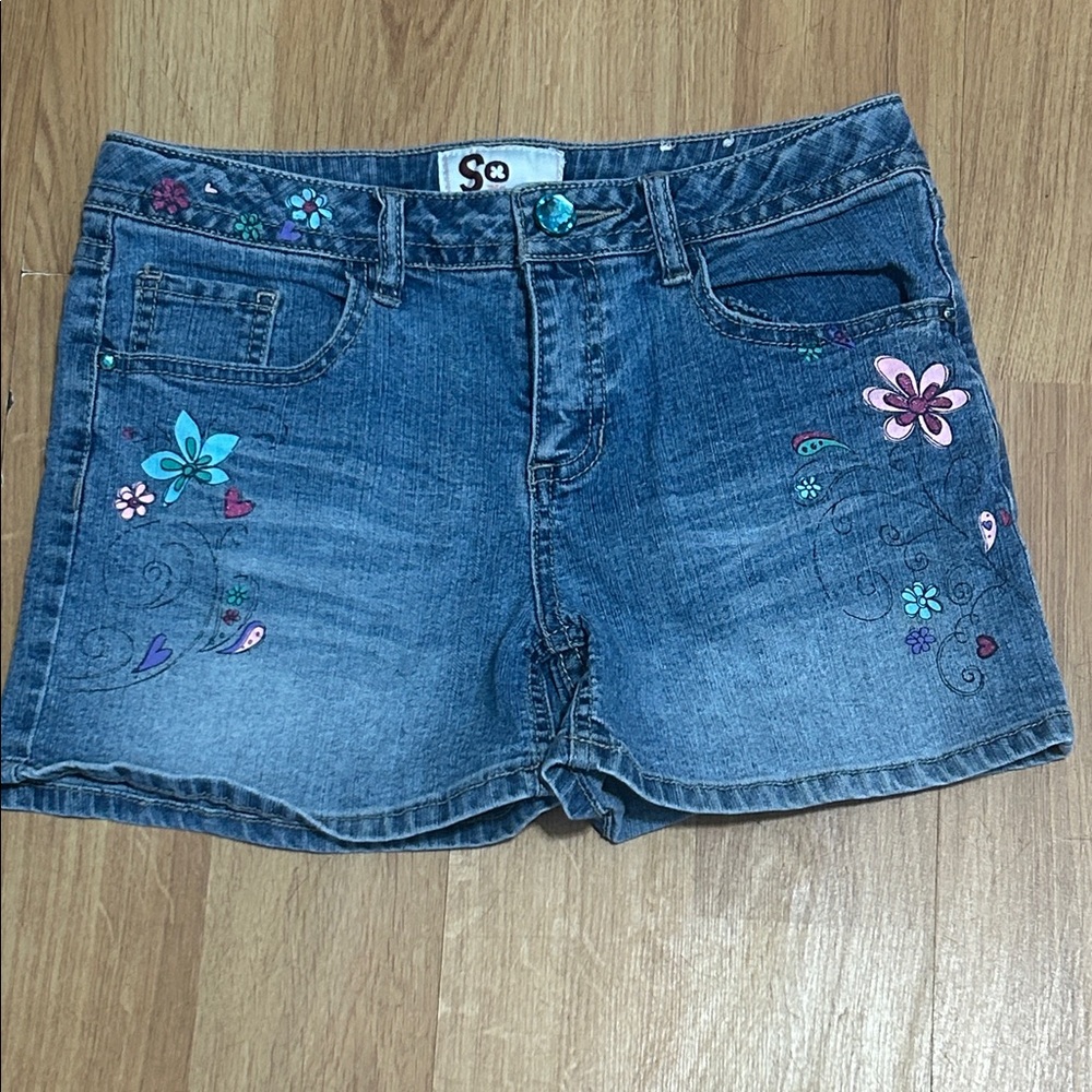 SO Kids Blue Denim Shorts with Floral Embroidery and Adjustable Waist